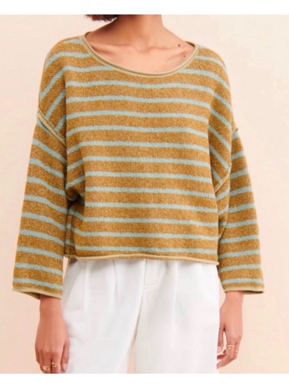 Free People Bardot Oversized Slouchy Striped Sweater Green Blue Size Medium